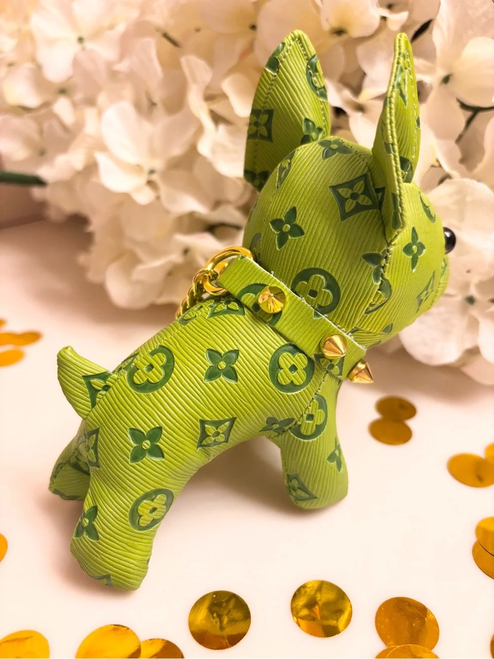 Bag Charm/Keychain adorable neon green Frenchie dog with gold tone accents! New